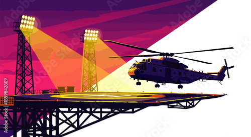 Helicopter lands on an offshore oil rig platform illuminated by powerful spotlights at sunset.