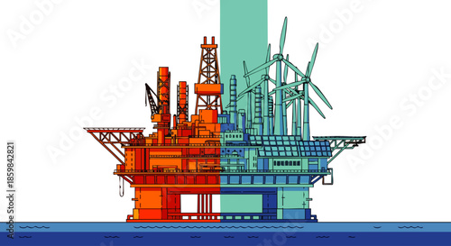 Offshore platform split between fossil fuels and renewable energy sources, illustrating energy transition.