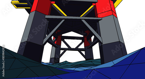 Massive offshore oil rig structure stands tall above stylized blue ocean waves under a white sky.