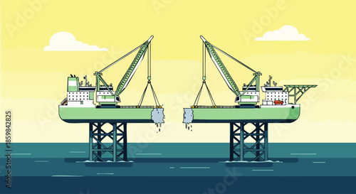 Two offshore crane vessels work in tandem to install a section of an oil rig platform at sea.