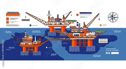 Offshore oil rigs with detailed components and navigational elements, illustrating industrial marine operations.