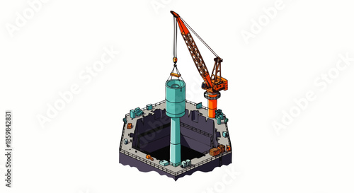 Industrial crane lowers cylindrical structure into excavated foundation during construction project on white background.