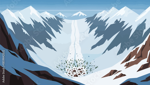 Stylized winter mountain avalanche scene showing powerful snow descent impacting a pine forest and rocks within a serene yet dynamic alpine valley