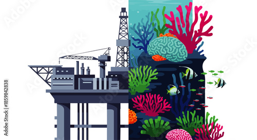 Juxtaposition of industrial offshore oil rig against vibrant underwater coral reef teeming with marine life.