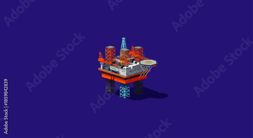 Modern offshore oil rig platform isolated on a solid deep blue background, showcasing industrial energy extraction.