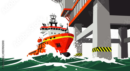 An offshore support vessel navigates rough seas near a massive oil rig structure, highlighting industrial maritime operations.