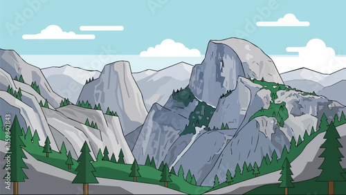 Expansive cartoon mountain vista with towering grey peaks and lush green pine trees under a clear blue sky, featuring simplified white clouds,