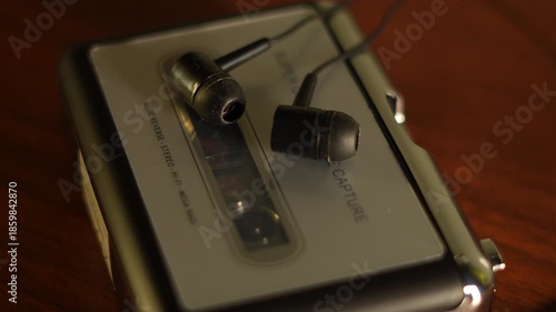 Small black and white cassette player and small headphone