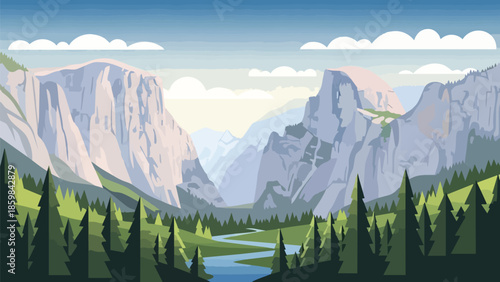 Vibrant natural panorama: colossal cliffs, meandering river, and evergreen forest illustration