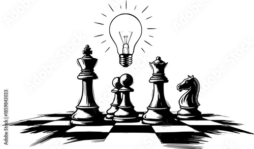 Strategic creativity with chess pieces and lightbulb in brush