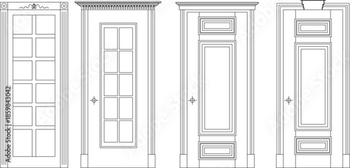 Vector set of classic architectural door symbols. Features minimalist line art drawings of various ornate interior and exterior doors for floor plans.