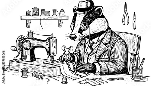 Woodcut illustration of an animal tailor with a monocle and hat