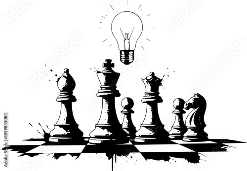 Strategic creativity with chess pieces and lightbulb in brush