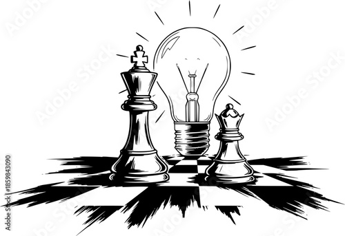 Strategic creativity with chess pieces and lightbulb in brush