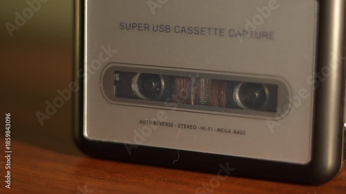 Small black and white cassette player and small headphone