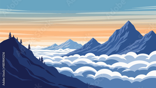 Expansive mountain range illustration with towering peaks emerging from a serene cloud sea under a gradient sky, depicting a peaceful, elevated