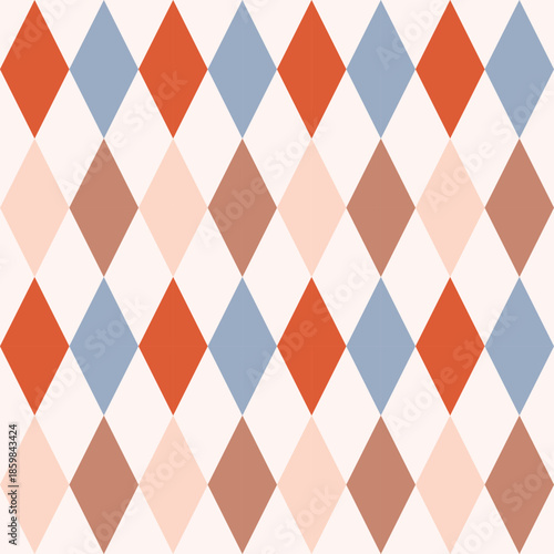 Seamless Argyle pattern with colorful diamond shapes on a light background. Retro geometric design for fabrics, wallpaper, cards, textiles, and fashion.