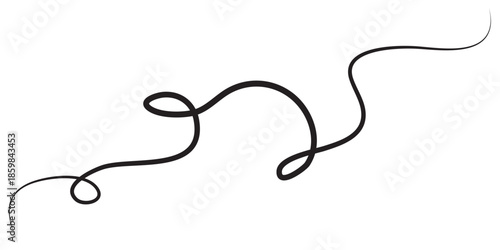 A single continuous black line with elegant loops swirls and curves resembling a flowing thread or hand-drawn squiggle.