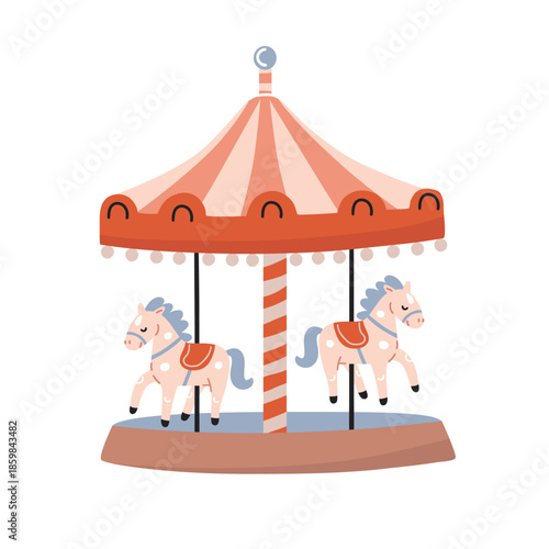 A cartoon carousel with two horses as a children's toy. A fabulous attraction for children's games and entertainment. Flat style.