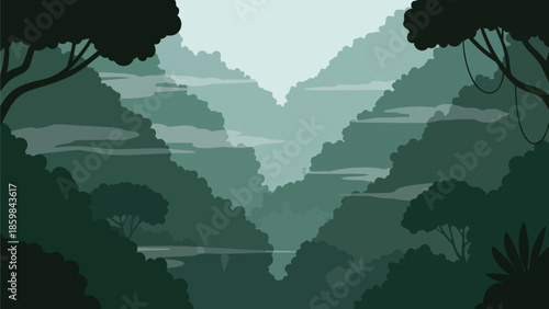 A serene valley vista rendered in distinct shades of emerald foliage and misty atmospheric layers