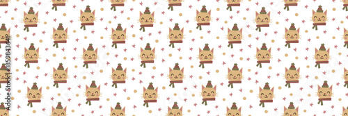 Seamless Christmas pattern with cute cats in winter holiday mood. Adorable animal vector background perfect for festive prints, wrapping paper, textiles, stationery, wallpapers, cozy seasonal designs.