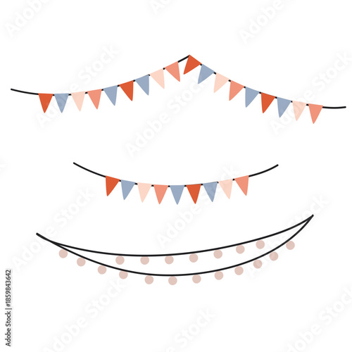 Hand-drawn festive garland elements with flags and LED lights. Designed to decorate a holiday, birthday, wedding, or other event.