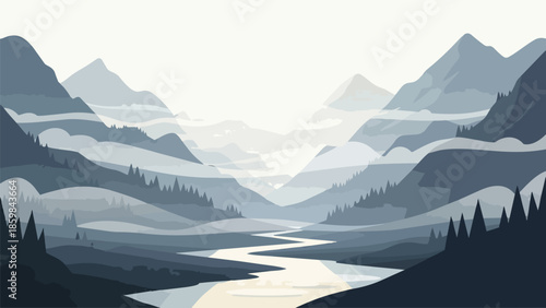 Minimalist layered mountain panorama with a winding river through a serene valley, featuring tranquil peaks and evergreen forests artwork