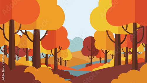 Vibrant autumn forest illustration with stylized trees in warm hues bordering a serene river under a clear sky.