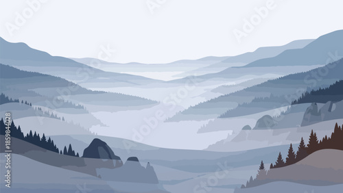 A tranquil illustrative representation of sprawling blue-hued mountain ranges cascading into a misty valley adorned with evergreen forests a serene