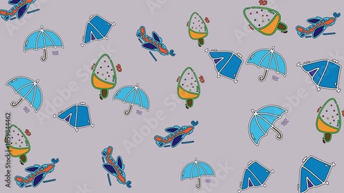 A playful seamless repeat pattern featuring hand-drawn style doodles of summer vacation elements like airplanes, umbrellas, ice cream, and tents on a light purple background. Ideal for children's prod