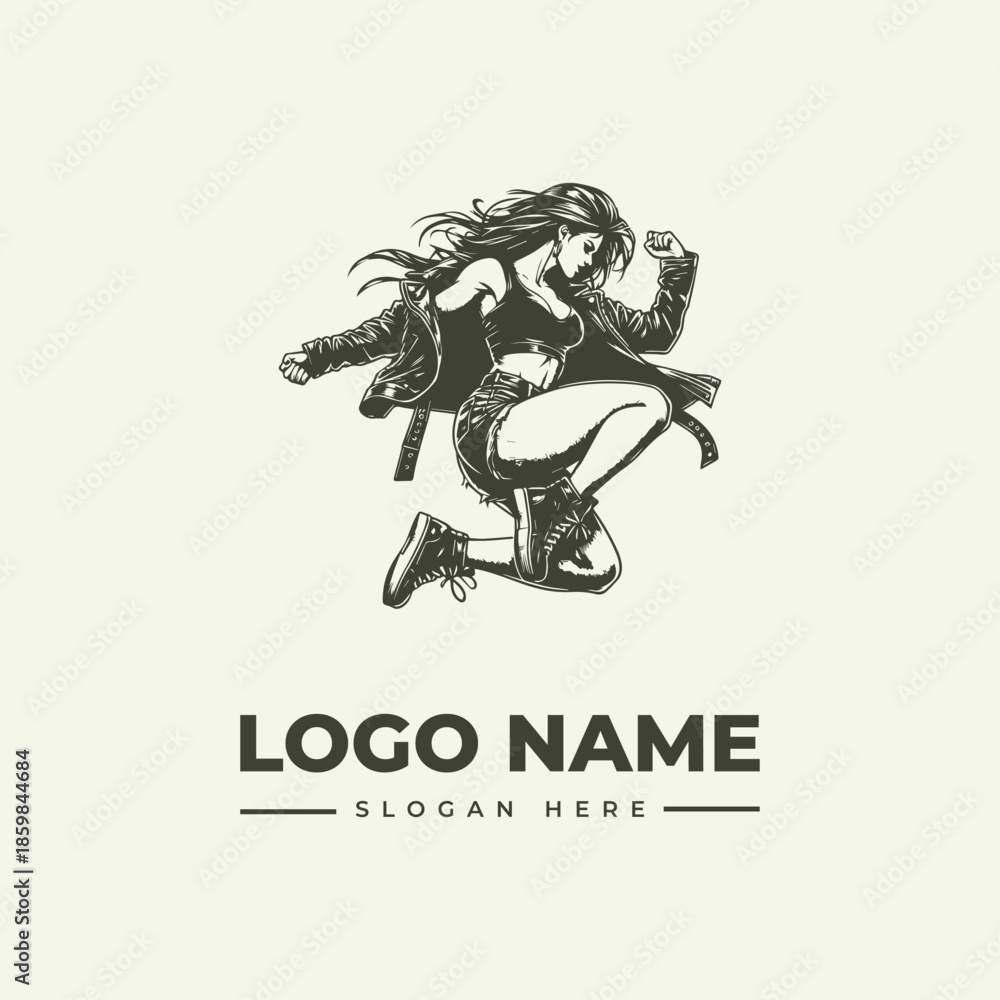 Naklejka premium A dynamic illustration of a woman in motion, designed as a logo with a placeholder name and slogan on a clean background.