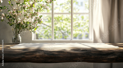 Bright Sunlit Room with Window View and Flowers in Pots. A sunlit room with a large window, ideal for interior decor, home staging, and natural lighting visuals.