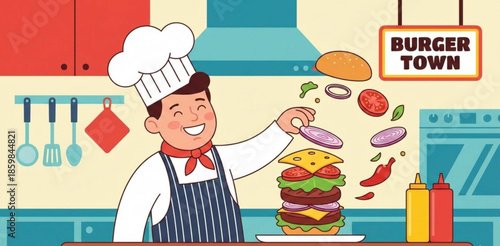 Flat cartoon vector illustration of a hamburger chef working in his kitchen.