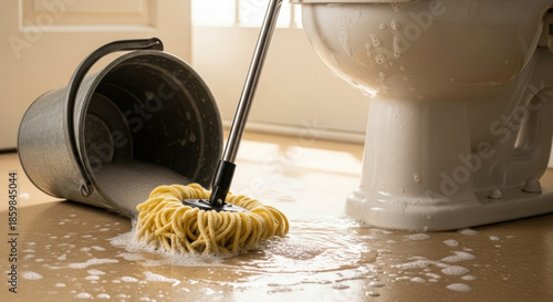 Soapy water flooded on bathroom floor with metal bucket and wet mop beside toilet during cleaning mishap at home in warm morning light