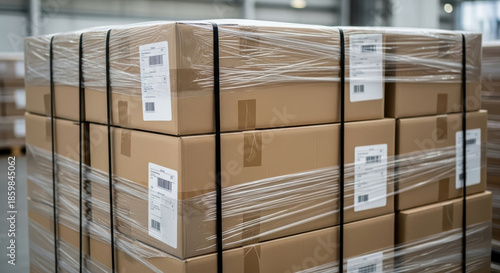 Tightly wrapped cardboard shipping boxes stacked on pallet in modern warehouse logistics center ready for distribution and delivery in industrial storage facility