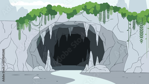 Animated jungle grotto entrance with flowing river and hanging foliage leading into dark depths
