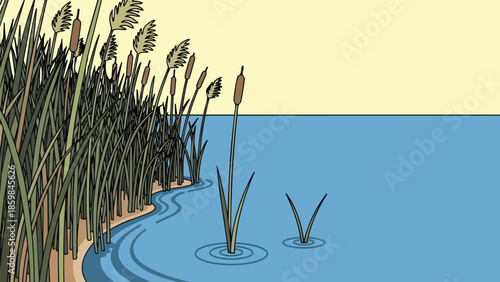 Lush green reeds and brown cattails thrive along a sandy riverbank with gentle blue waters under a pale yellow sky illustrating natural wetland