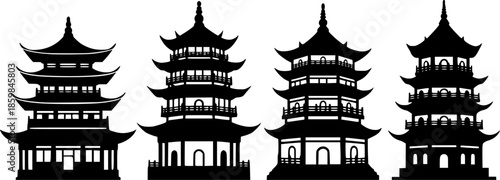 Set of Chinese pagoda Outline vector illustration isolated On Transparent Background
