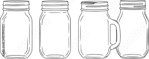 Set of Mason jars Outline vector illustration isolated On Transparent Background
