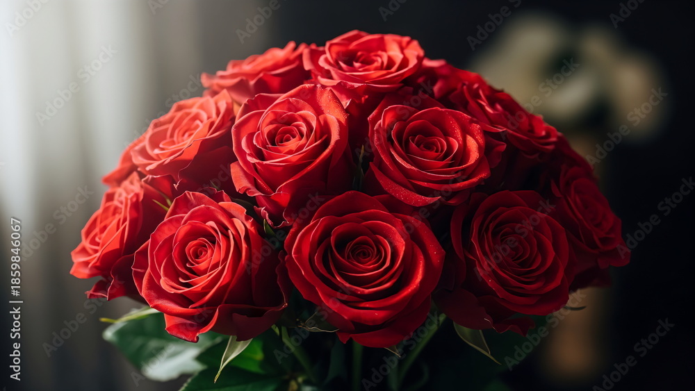 Obraz premium Bouquet of red roses for valentine, fresh flowers close up, romantic mood, natural light, dark elegant background, shallow depth of field, premium stock photo, no people, no text one