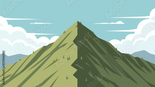 Vibrant minimalist vector illustration of majestic green mountain peaks under a serene blue sky with fluffy white clouds, depicting a peaceful