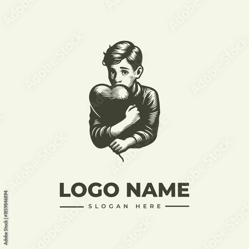 A minimalist illustration of a young boy holding a heart-shaped balloon with a logo name and slogan on a plain background, in a simple vector style.