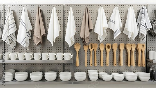 Kitchenware Display with Towels Mugs Bowls and Utensils.