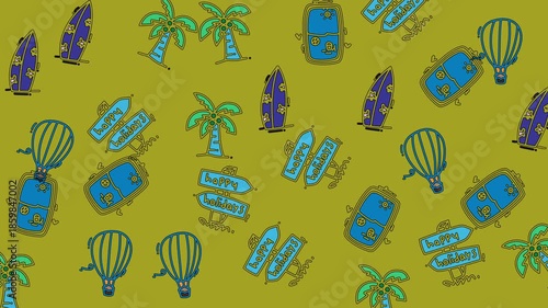 A fun and colorful seamless pattern featuring hand-drawn summer holiday elements such as surfboards, palm trees, suitcases, balloons, and holiday signs. Perfect for backgrounds, textiles, and various 
