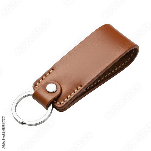 Brown leather key holder with metal ring isolated on transparent background