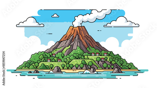 Vibrant volcanic island seascape with charming coastal village and puffing peak