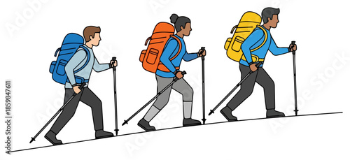 Group of hikers with colorful backpacks trekking on a trail.
