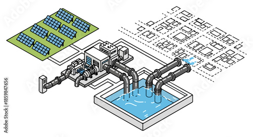 Solar Powered Water Pump System Diagram Illustrating Renewable Energy for Pumping Water from a Reservoir
