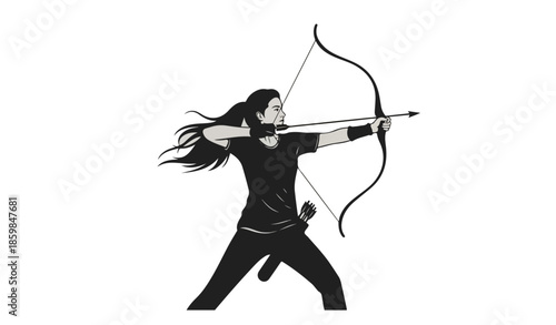 Woman Archer Aiming Bow and Arrow.
