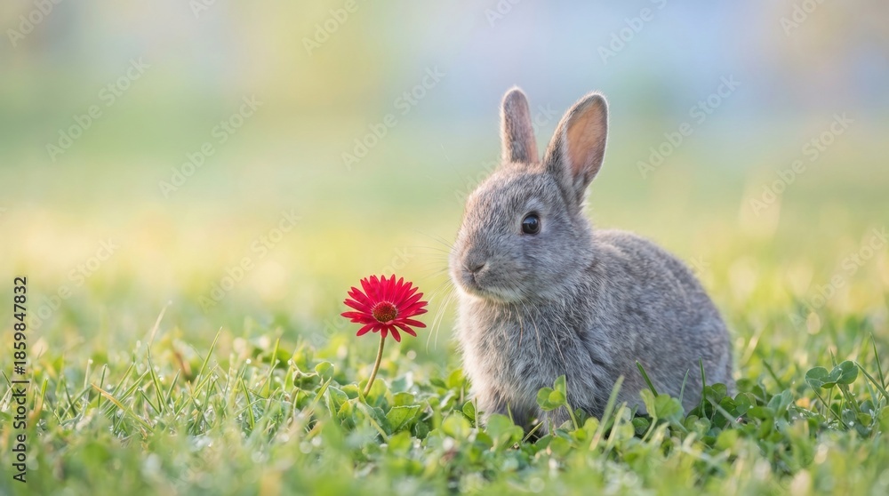 Fototapeta premium Young Rabbit Sitting Near Red Flower, Green Meadow Background, Springtime Serenity Concept.